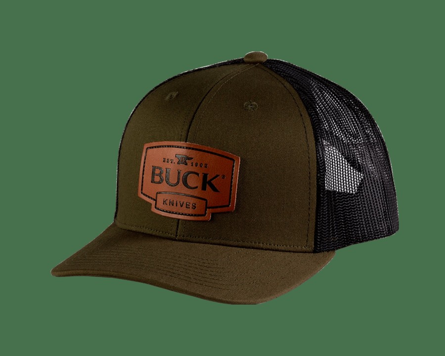 Buck Gear Buck Knives | Buck Leather Patch Logo Trucker Hat - O.D. Green